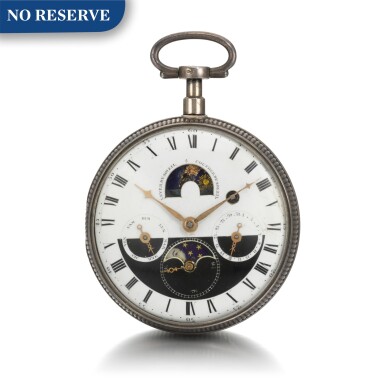 View full screen - View 1 of Lot 49. A Silver Open-Faced Calendar Watch With 24-Hour Dial, Moon-Phases, Sunrise And Sunset Circa 1790.