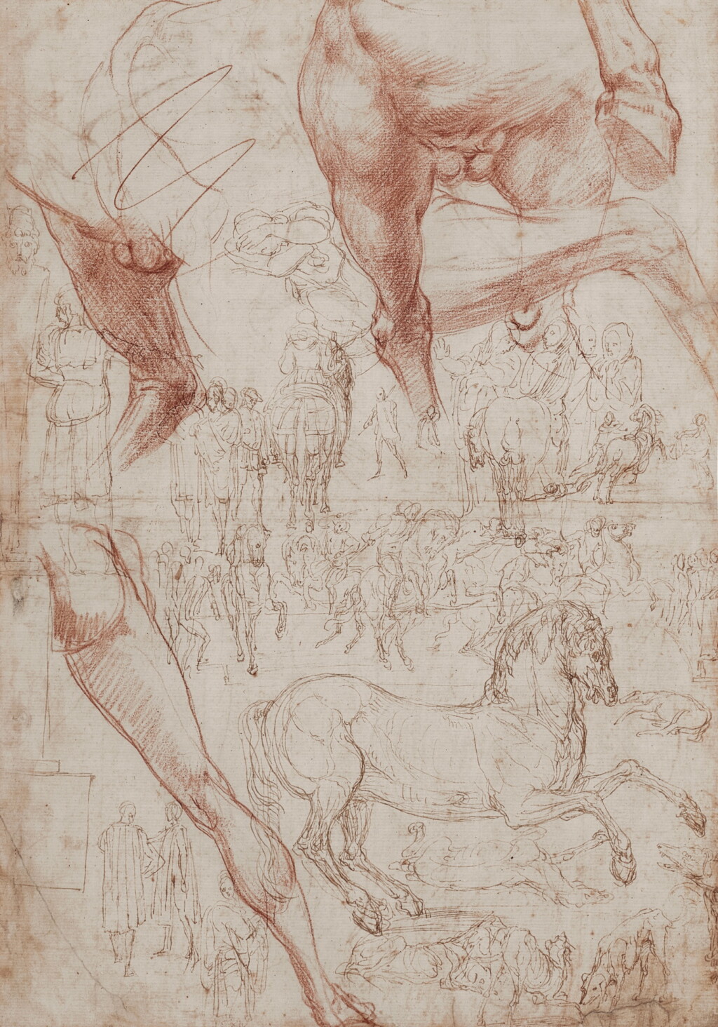 View full screen - View 1 of Lot 210. Double-Sided Sheet of Studies: Recto: Studies of men on horseback and in combat, Hector's corpse dragged by Achilles's chariot, dogs and horses, with subsidiary studies of horses legs and the right leg and buttock of a man Verso: Studies of horses.