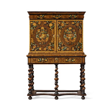 View full screen - View 1 of Lot 1. A William and Mary Oyster-Veneered Walnut, Olivewood, Ebony, Fruitwood, Ivory and Green-Stained Bone Marquetry Cabinet on Stand, Circa 1690.