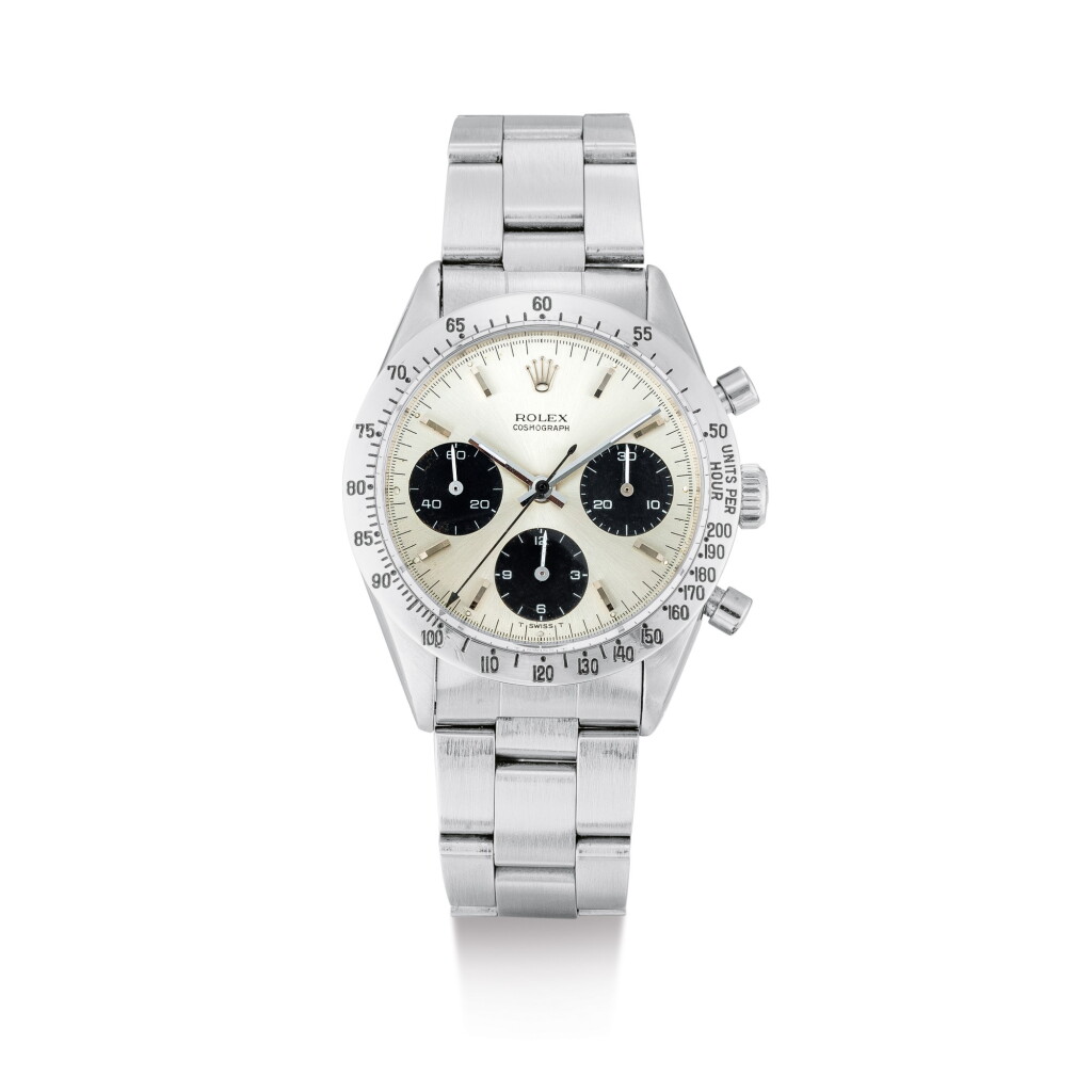 View full screen - View 1 of Lot 2114. ROLEX | COSMOGRAPH DAYTONA, REFERENCE 6239, A STAINLESS STEEL CHRONOGRAPH WRISTWATCH WITH BRACELET, MADE FOR THE PERUVIAN AIR FORCE, CIRCA 1966 | 勞力士 | "Cosmograph Daytona 型號6239 精鋼計時鏈帶腕錶,為秘魯空軍而製,錶殼編號1419251,約1966年製".