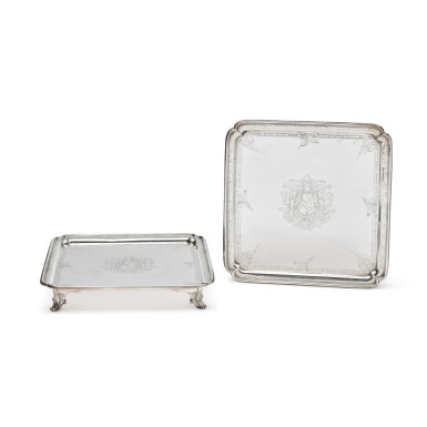 View full screen - View 1 of Lot 226. A Pair of George II Silver Square Salvers, Paul de Lamerie, London, 1734.