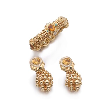 View full screen - View 1 of Lot 992. Gold, gem set and diamond demi-parure.