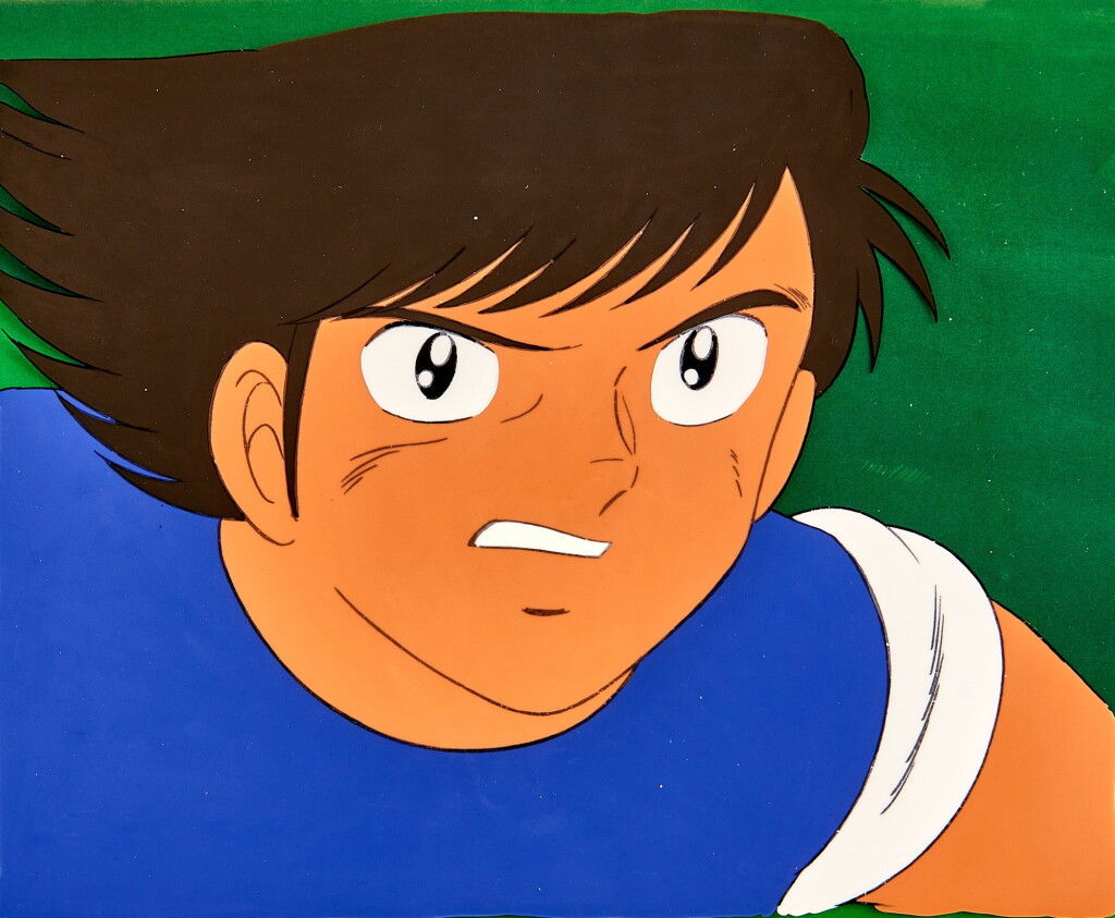 View full screen - View 1 of Lot 74. Kojiro Hyuga Animation Cel with Douga and Printed Background | 日向小次郎賽璐璐,附線稿及印刷背景.
