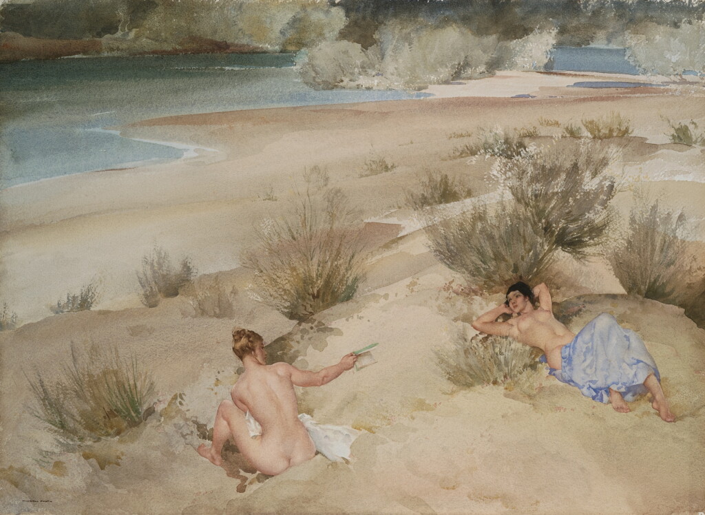 View full screen - View 1 of Lot 43. SIR WILLIAM RUSSELL FLINT, R.A., P.R.W.S. | ALEXANDRINE AND JOSETTE ON THE RIVER GARD, LANGUEDOC.