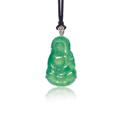 View full screen - View 1 of Lot 1634. JADEITE, GEM SET AND DIAMOND PENDENT NECKLACE 天然翡翠雕「觀音」配 寶石 及 鑽石 項鏈.