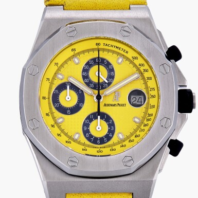 View full screen - View 1 of Lot 2. Royal Oak Offshore 'Yellow', Reference 25770ST.OO.D050BU.02 | A stainless steel chronograph wristwatch with date | Circa 2002.