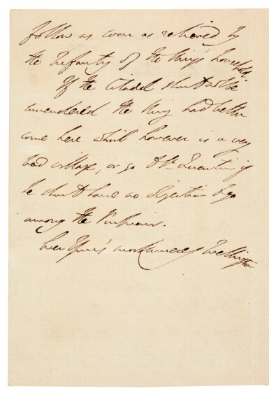 View full screen - View 1 of Lot 128. DUKE OF WELLINGTON | autograph letter signed, to Sir Charles Stuart, seven days after Waterloo, 1815.