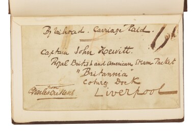 View full screen - View 1 of Lot 84. Dickens, American Notes for General Circulation, 1842, first edition, with author's autograph luggage tag.