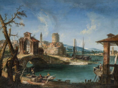 View full screen - View 1 of Lot 587. Capriccio of a Mediterranean coastal town with fishermen by a bridge.