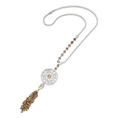View full screen - View 1 of Lot 527. DIAMOND AND COLORED DIAMOND 'SURYA' PENDANT-NECKLACE, CARTIER, FRANCE | 鑽石配彩色鑽石「Surya」吊墜項鏈,卡地亞.