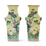 A pair of yellow-ground famille-rose 'lotus and egret' vases, Qing dynasty, 19th century | 清十九世紀 黃地粉彩路路連科圖方瓶一對
