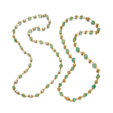 View full screen - View 1 of Lot 347. Two Gold, Cultured Pearl and Emerald Necklaces.