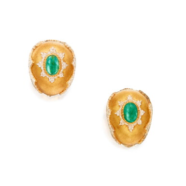 View full screen - View 1 of Lot 14. Buccellati | Pair of Gold and Emerald Earclips .