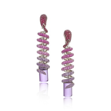 View full screen - View 1 of Lot 775. Pair of gem set pendent earrings.