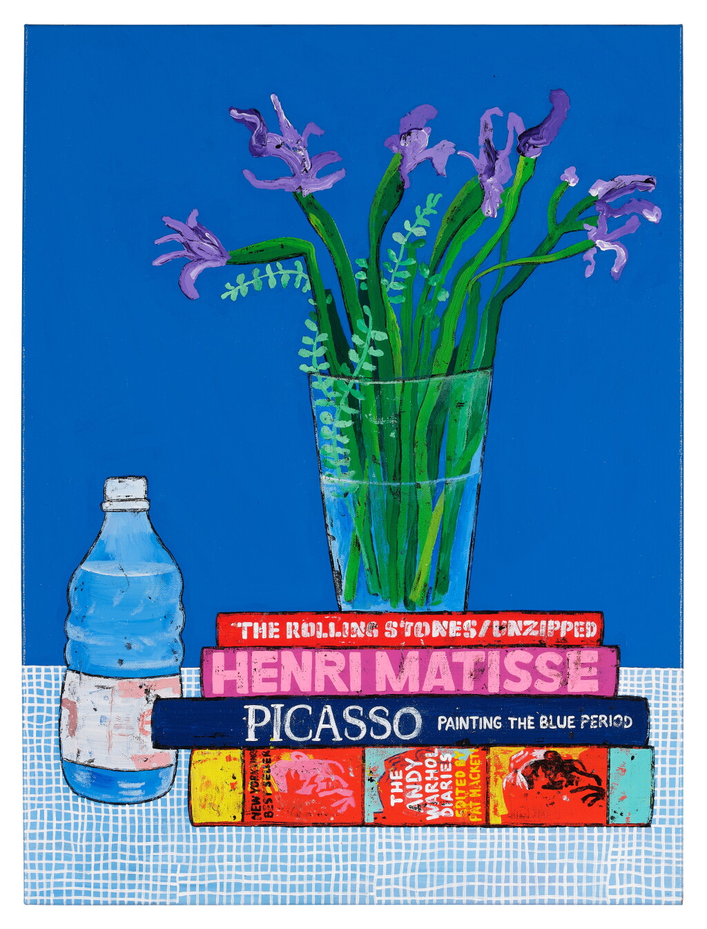 View full screen - View 1 of Lot 388. Still Life w/ David Hockney Irises and Evian Bottle on Art Books.
