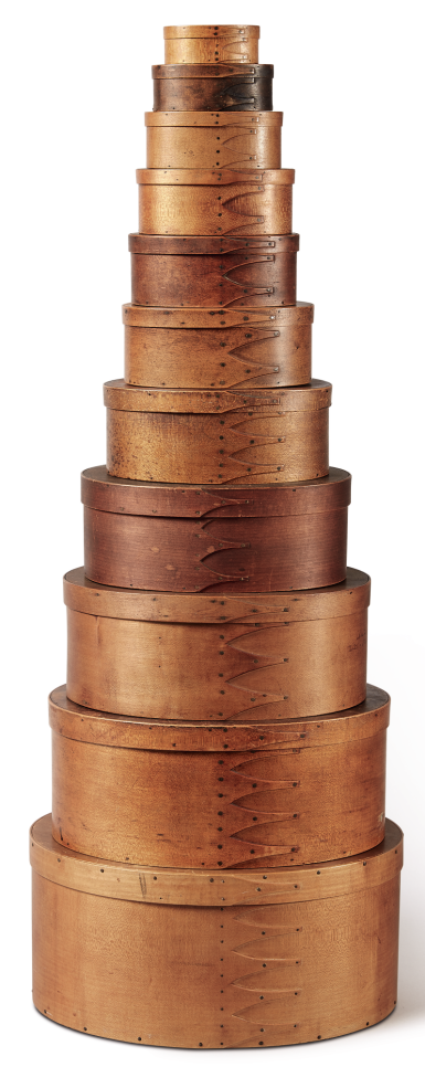 View full screen - View 1 of Lot 1062. STACK OF ELEVEN SHAKER FINGERED OVAL LIDDED BOXES, NEW LEBANON, NEW YORK, CIRCA 1830.
