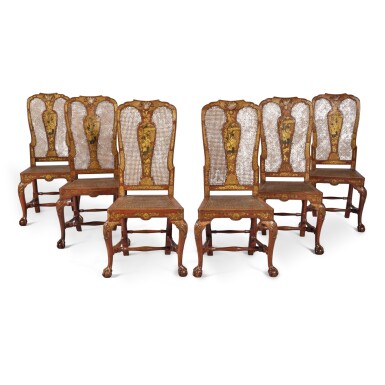 View full screen - View 1 of Lot 1014. A Set of Six George II Gilt and Scarlet Japanned Side Chairs Attributed to Giles Grendey, Circa 1730.