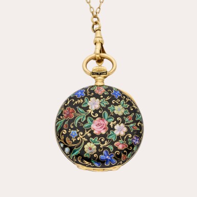 View full screen - View 1 of Lot 423. A yellow gold and cloisonne enamel open faced watch with chain, Circa 1900.