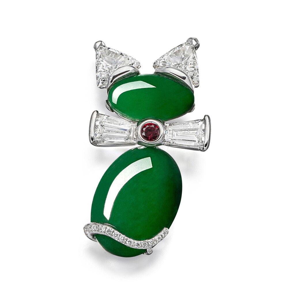 View full screen - View 1 of Lot 1723. Jadeite, Diamond and Ruby Brooch | 天然翡翠 配 鑽石 及 紅寶石 胸針.