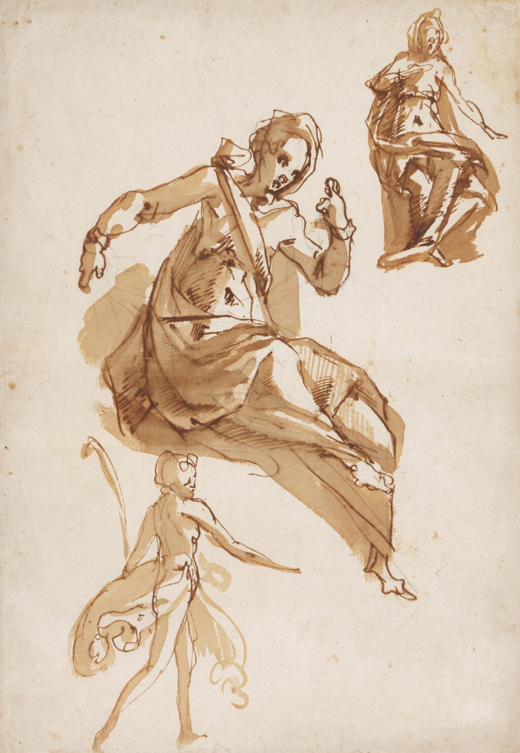 View full screen - View 1 of Lot 15. Recto: Studies of two female figures, a walking figure below Verso: Two soldiers brandishing swords and daggers, a sketch of a third.