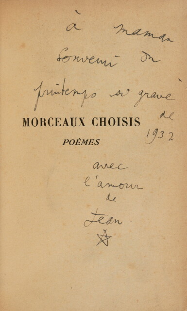 View full screen - View 1 of Lot 143. Morceaux choisis. 1932. Rel. de Nobuko Kiyomiya. Ex. du service de presse, avec envoi à sa mère..