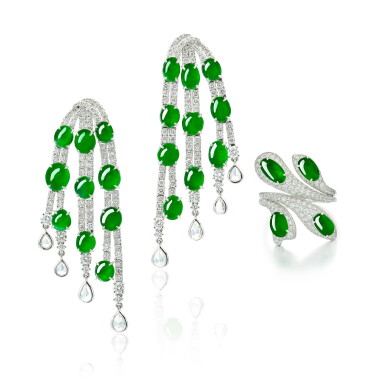 View full screen - View 1 of Lot 1691. Jadeite and Diamond Ring and Pair of Pendent Earrings | 天然翡翠 配 鑽石 戒指 及 耳墜一對.