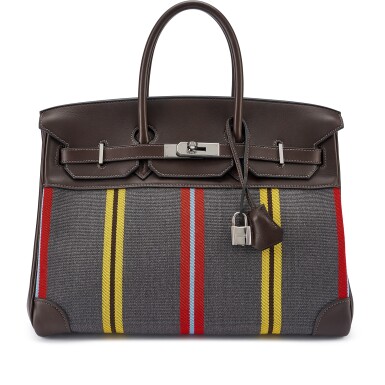 View full screen - View 1 of Lot 136. Limited Edition Ebene Evercalf and Toile Jumping Birkin 35 Palladium Hardware, 2008.