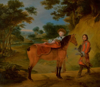 View full screen - View 1 of Lot 109. CIRCLE OF JOHANN GEORG DE HAMILTON | A nobleman approaching his mount, attended by a groom, in an extensive wooded landscape.