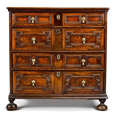 View full screen - View 1 of Lot 33. A Charles II oak, walnut and yew veneered chest of drawers, circa 1690.