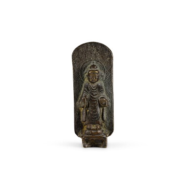 View full screen - View 1 of Lot 73. A small inscribed Buddhist bronze votive stele Korea or China | 韓國或中國 銅佛坐像.