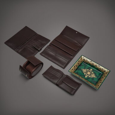 View full screen - View 1 of Lot 833. A set of leather purse, passport holder, wallet, travelling pouch and Limoges porcelain and enamel dish, Circa 2010 | 百達翡麗 | 一套皮製長形錢包、護照套、錢包、旅行袋子及利摩日陶瓷及琺瑯擺飾盤,約2010年製.