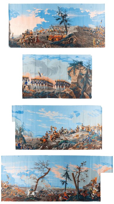 View full screen - View 1 of Lot 6. A set of four Empire panoramic wallpaper panels, attributed to Jourdan and Villard, circa 1827-1829 | Papier peint, la bataille d'Austerlitz, attribué à Jourdan et Villard, vers 1827-1829.
