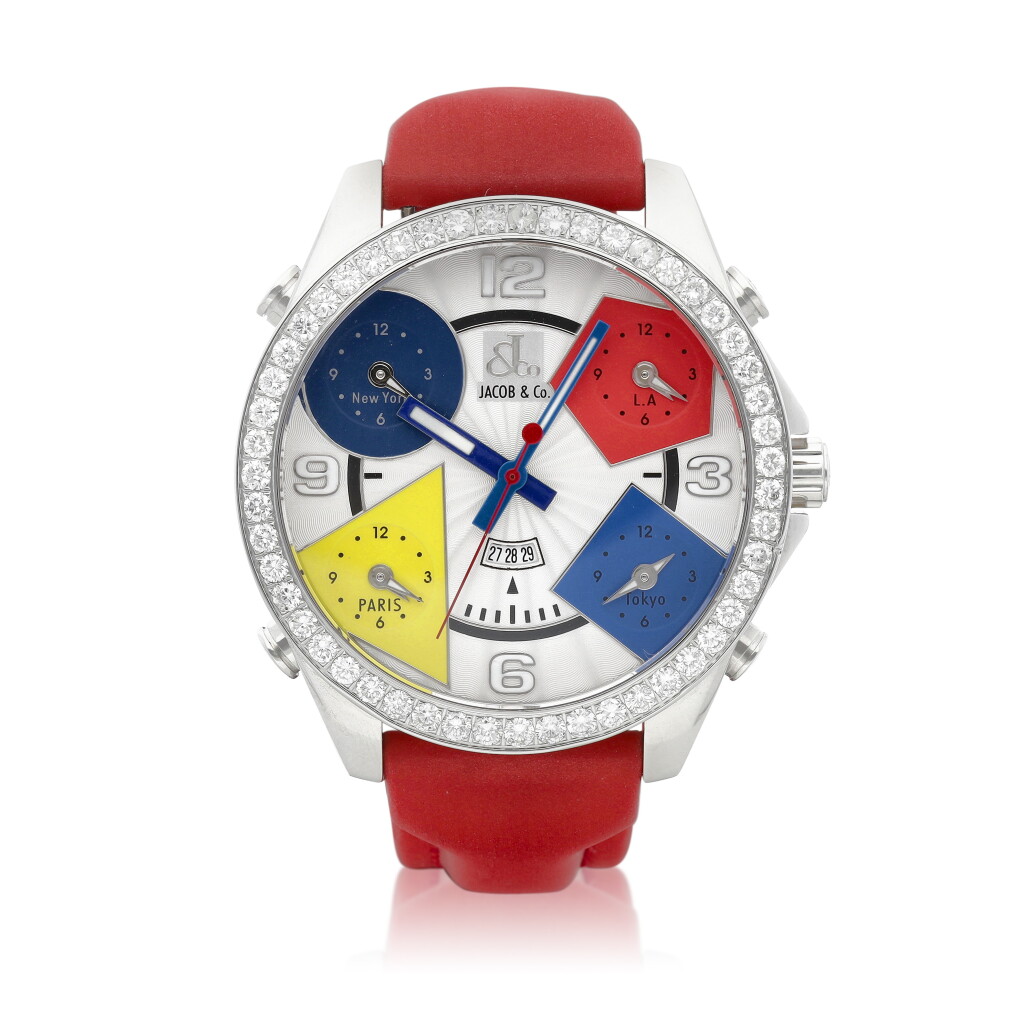 View full screen - View 1 of Lot 8272. The Five Time Zone, Reference JC-1 | A stainless steel diamond-set quintuple time zone wristwatch with date and mother-of-pearl dial, Circa 2000 | The Five Time Zone 型號 JC-1 | 精鋼鑲鑽石五地時間腕錶,備日期顯示及珠母貝錶盤,約2000年製.
