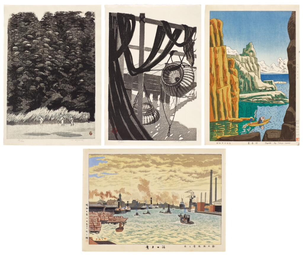 View full screen - View 1 of Lot 182. Masaharu Aoyama (1893-1969) Asano Takeji (1900-1998) Four woodblock prints, Showa period, 20th century.