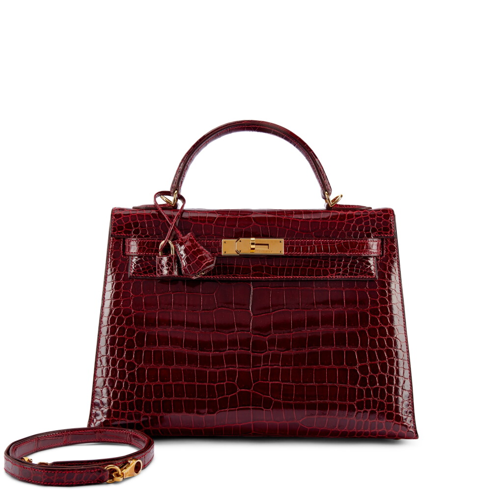View full screen - View 1 of Lot 9793. Important Private Collection: Rouge Vif Shiny Porosus Crocodile Kelly 32 Sellier Gold Hardware, 2002.