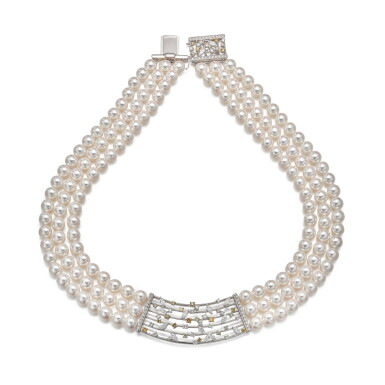 View full screen - View 1 of Lot 1397. Cultured Pearl, Coloured Diamond And Diamond Necklace | 養殖珍珠 配 彩色鑽石 及 鑽石 項鏈.