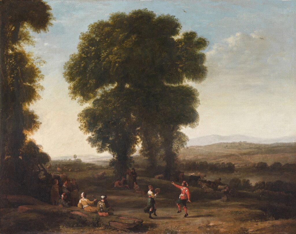 View full screen - View 1 of Lot 351. An Italianate river landscape with figures dancing and others resting under a tree in the foreground, their cattle resting beyond.