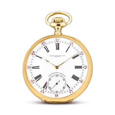 View full screen - View 1 of Lot 2281. PATEK PHILIPPE | A PINK GOLD OPENFACE WATCH WITH 24 HOURS INDICATION, RETAILED BY CHRONOMETER GONDOLO, MADE IN 1909 | 百達翡麗 | 粉紅金懷錶,備24小時顯示,由Chronometer Gondolo發行,機芯編號153800,錶殼編號257886,1909年製.