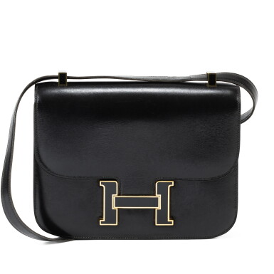 View full screen - View 1 of Lot 710. Black Calfbox Constance 22 Gold and Black Laquer Hardware.