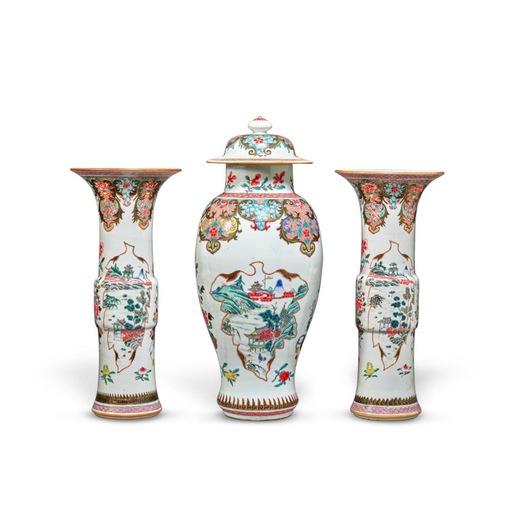 View full screen - View 1 of Lot 958. A famille-rose three-piece garniture, Qing dynasty, Yongzheng / early Qianlong period | 清雍正 / 乾隆初 粉彩花籃紋開光山水圖瓶一套三件.