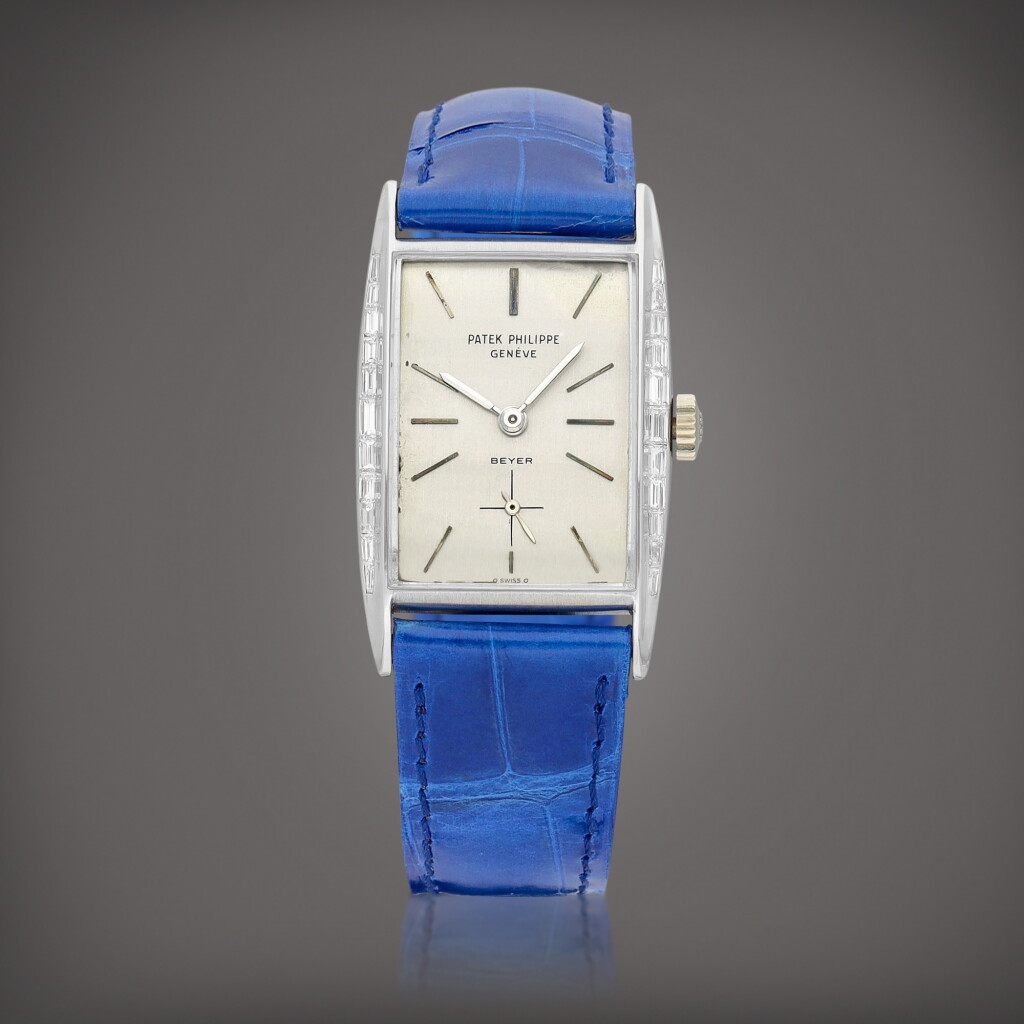 View full screen - View 1 of Lot 2108. Reference 2554/4 | A platinum and diamond-set wristwatch, Retailed by Beyer, Made in 1956 | Reference 2554/4 A platinum and diamond-set wristwatch, Retailed by Beyer, Made in 1956 | 百達翡麗 | 型號2554/4 | 鉑金鑲鑽石腕錶,由 Beyer 發行,1956年製.