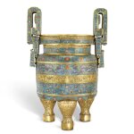 A monumental cloisonné enamel 'kui dragon' tripod incense burner, Mark and period of Qianlong | 清乾隆 掐絲琺瑯夔龍纏枝蓮紋雙耳三足鼎式爐 《大清乾隆年製》款