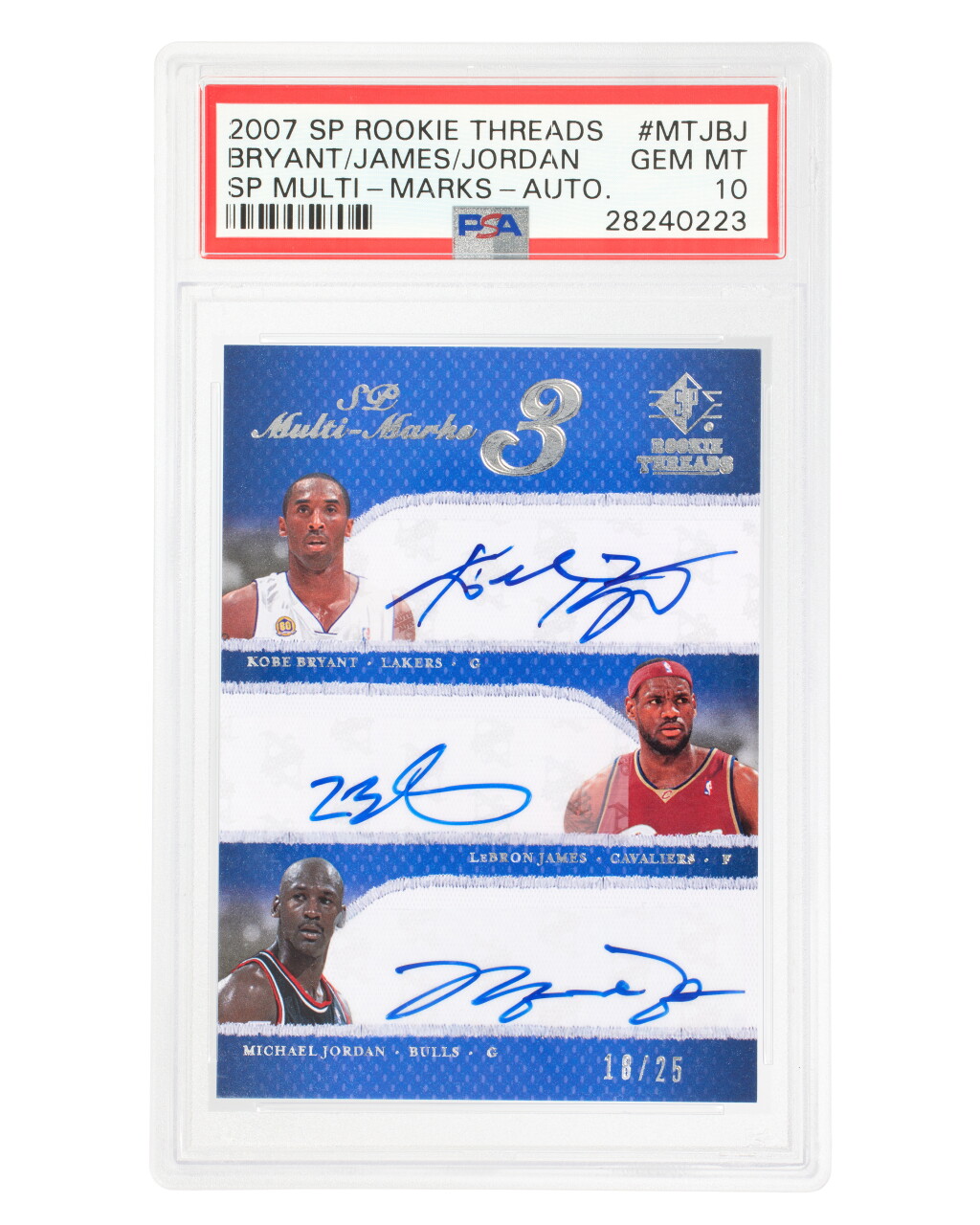 View full screen - View 1 of Lot 2. Michael Jordan, LeBron James, Kobe Bryant 2007-08 Upper Deck NBA SP Rookie Threads SP Multi-Marks Triple Autograph 18/25 #MT-JBJ PSA 10 .