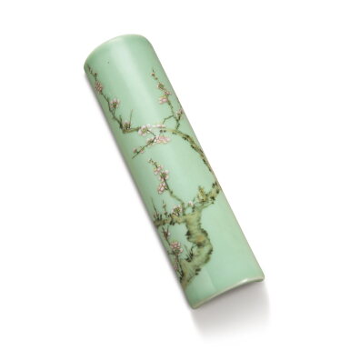 View full screen - View 1 of Lot 672. A celadon-ground famille-rose 'prunus' wrist rest, Late Qing dynasty / Republic period | 清末 / 民国 青地粉彩梅花圖臂擱.