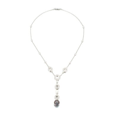 View full screen - View 1 of Lot 858. Cultured pearl and diamond pendent necklace.