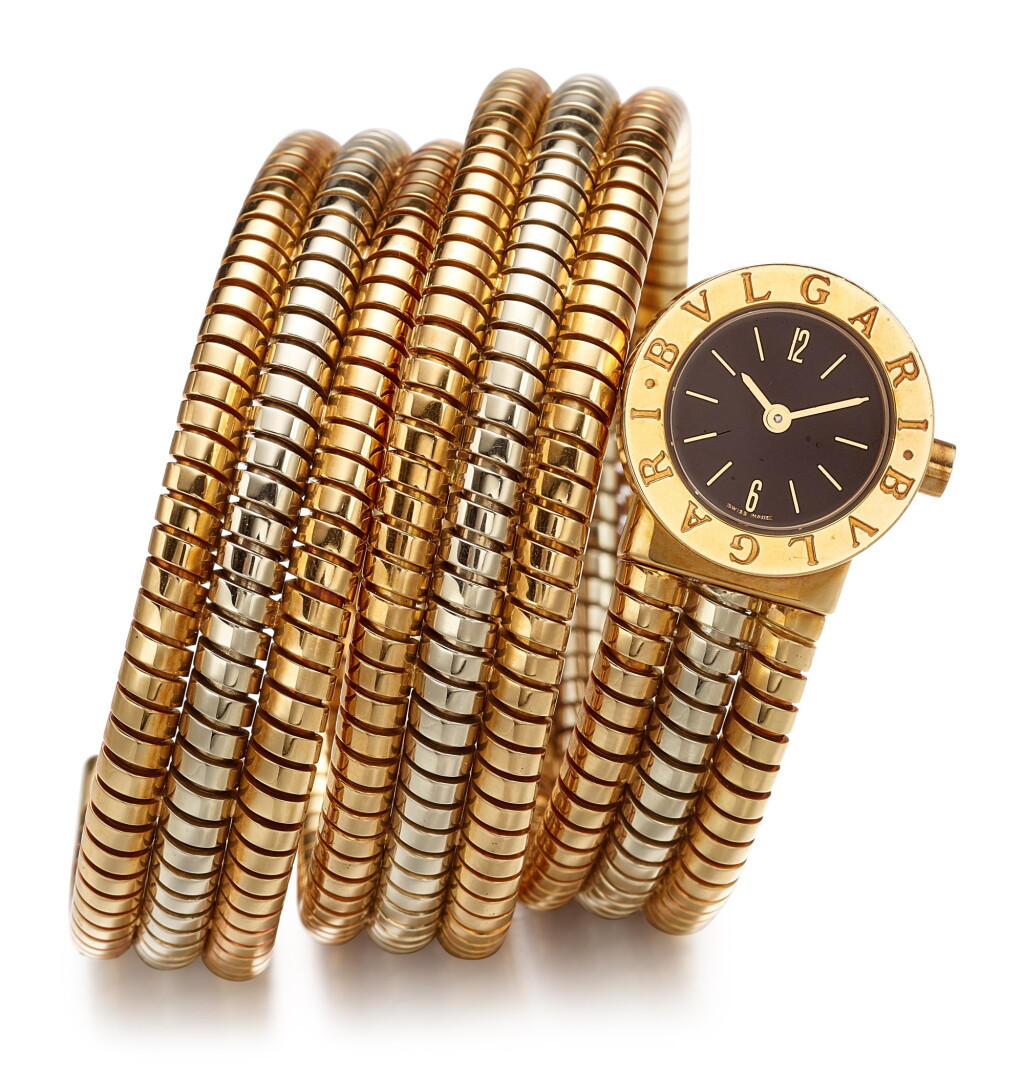 View full screen - View 1 of Lot 1172. BULGARI | 'TUBOGAS' TWO-COLOURED GOLD LADY'S BRACELET-WATCH |寶格麗 | 'Tubogas' 雙色18K金 女士腕錶.