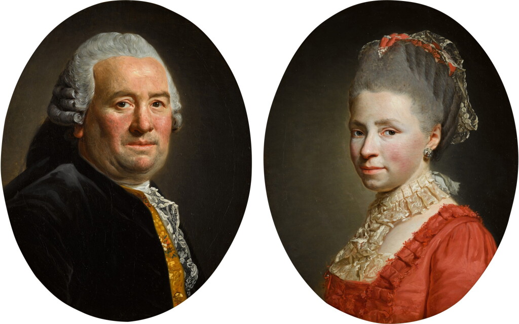 View full screen - View 1 of Lot 211. Portrait of a lady, bust-length, in a red dress with lace; and Portrait of a gentleman, bust-length, in a black coat with a yellow embroidered waistcoat and lace cravat.
