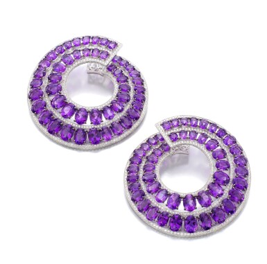View full screen - View 1 of Lot 30. MICHELE DELLA VALLE | PAIR OF AMETHYST AND DIAMOND EARRINGS.