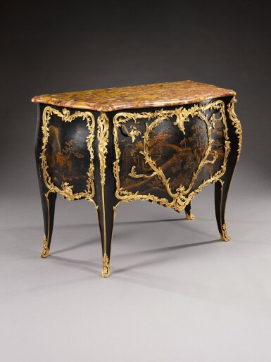 View full screen - View 1 of Lot 85. A Louis XV style gilt-bronze mounted black lacquer commode by Maison Millet, late 19th century.