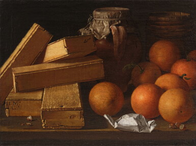 View full screen - View 1 of Lot 15. Still Life with Oranges, Nuts and Spices, Boxes of Sweetmeats, a Jug, and a Cask.